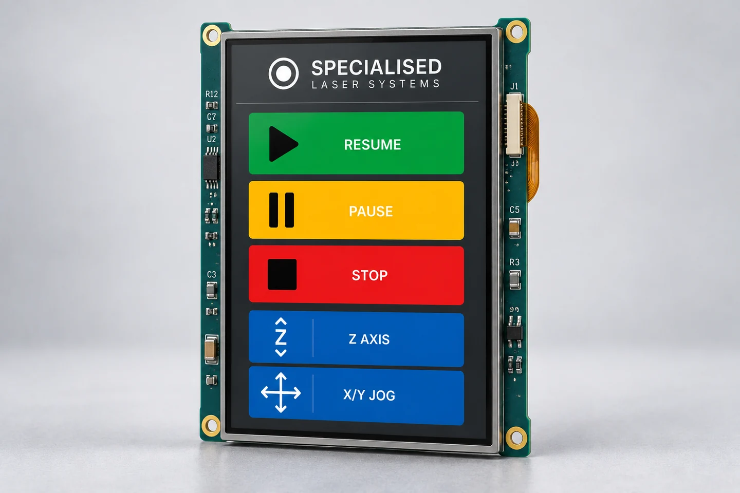Bare LCD module showing Resume, Pause, Stop, Z Axis and X/Y Jog controls