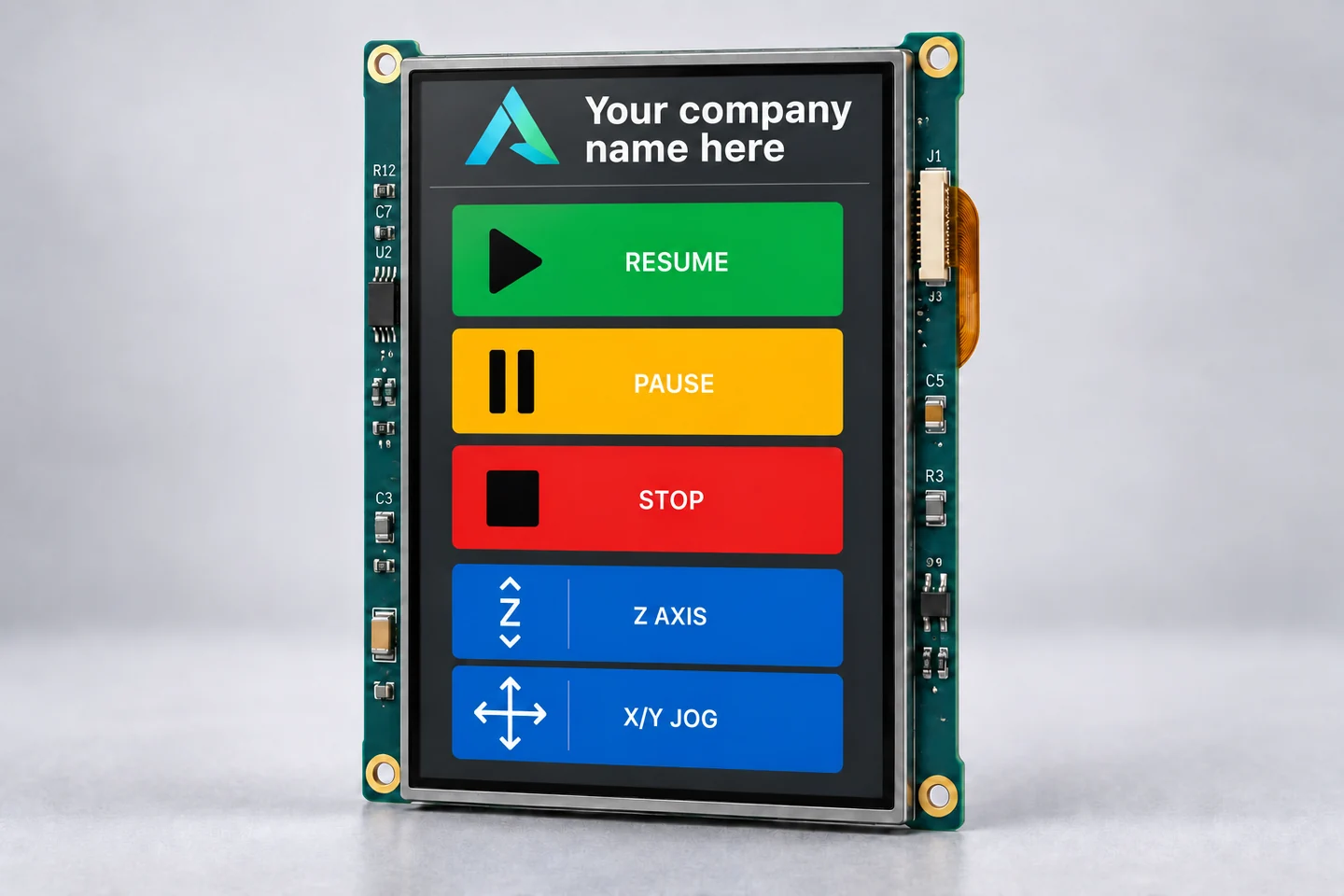 Bare LCD module with an abstract logo and prominent Your company name here text