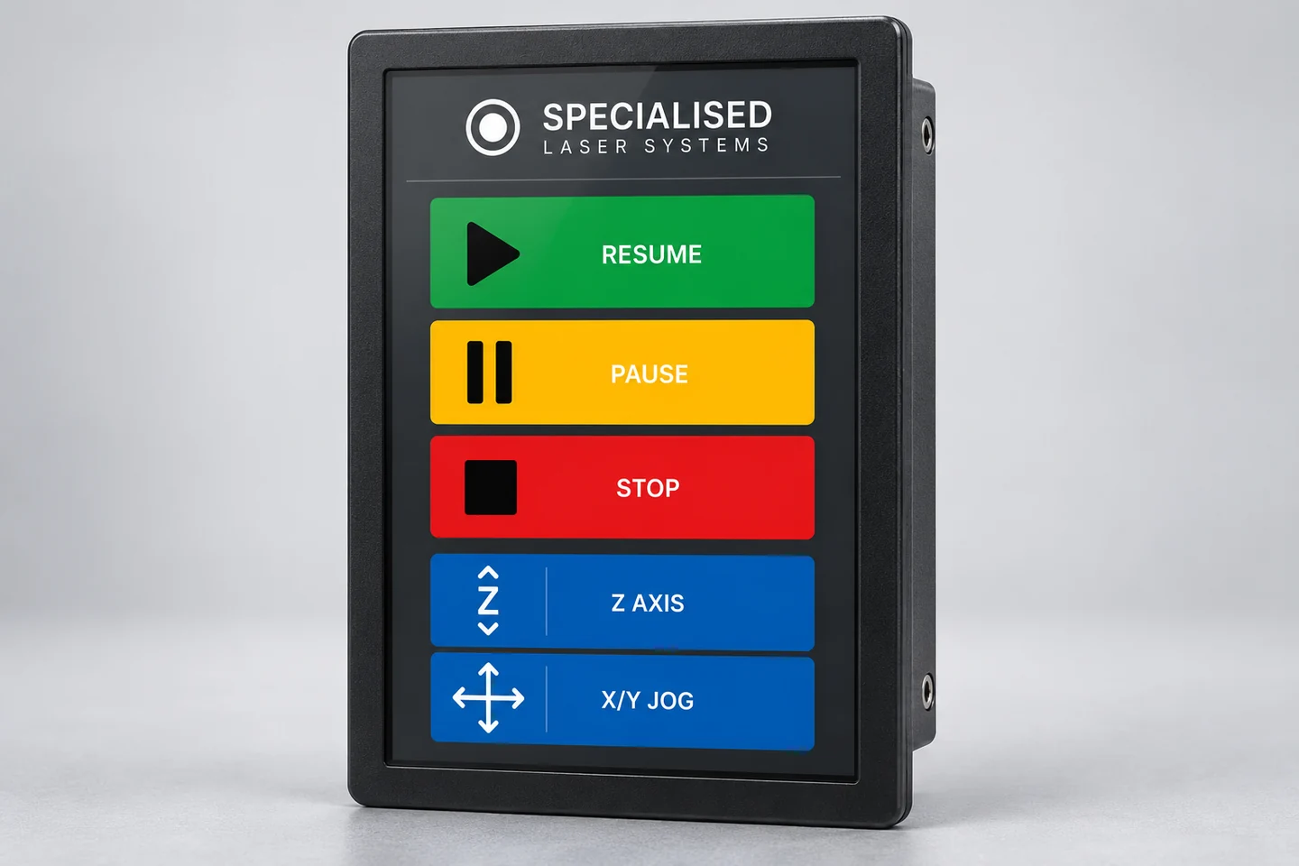 Enclosed LCD operator panel showing colour-coded job and axis controls