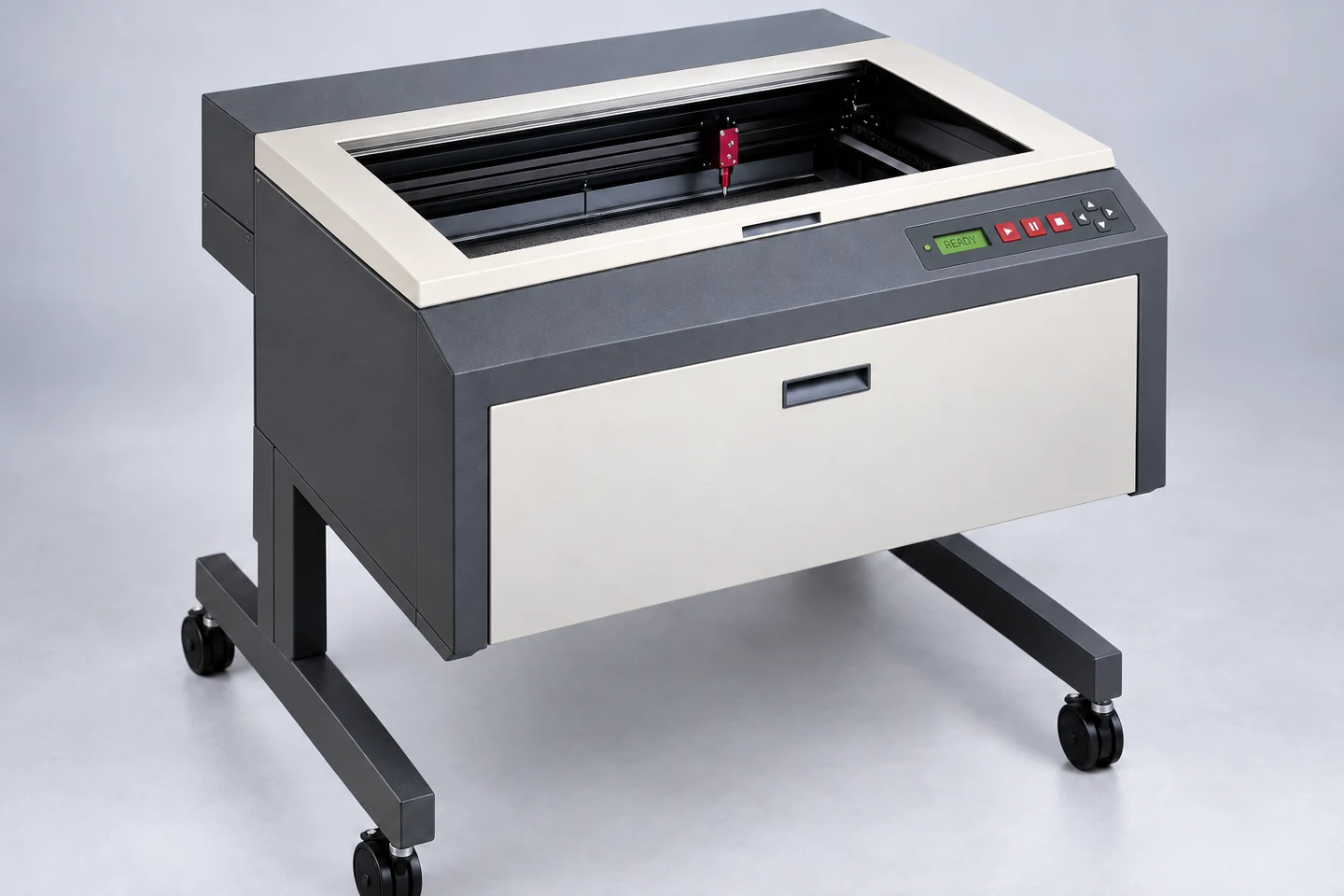 Unbranded legacy laser cutter with its original-style compact display and membrane keypad