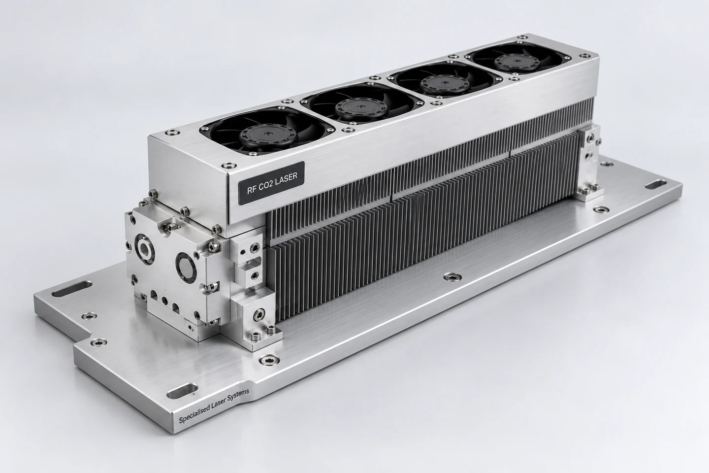 Illustrative finned RF laser source with cooling fans mounted on a custom aluminium adapter plate