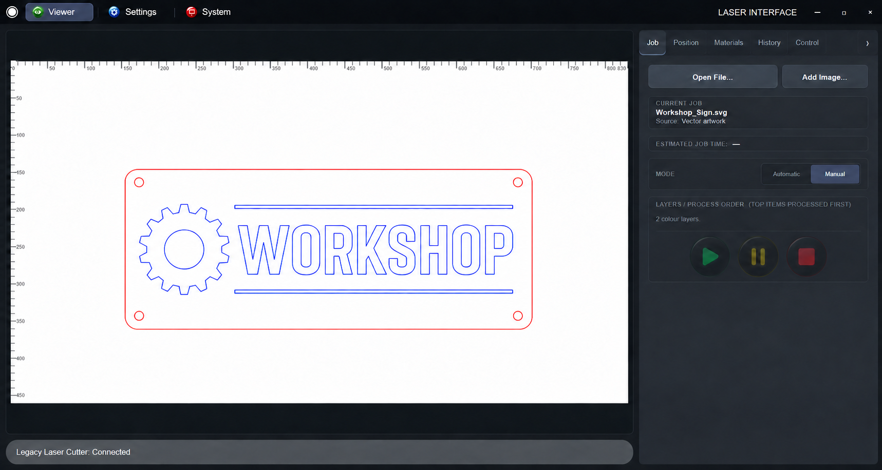 Illustrative upgraded-controller interface with a workshop sign and Legacy Laser Cutter connected
