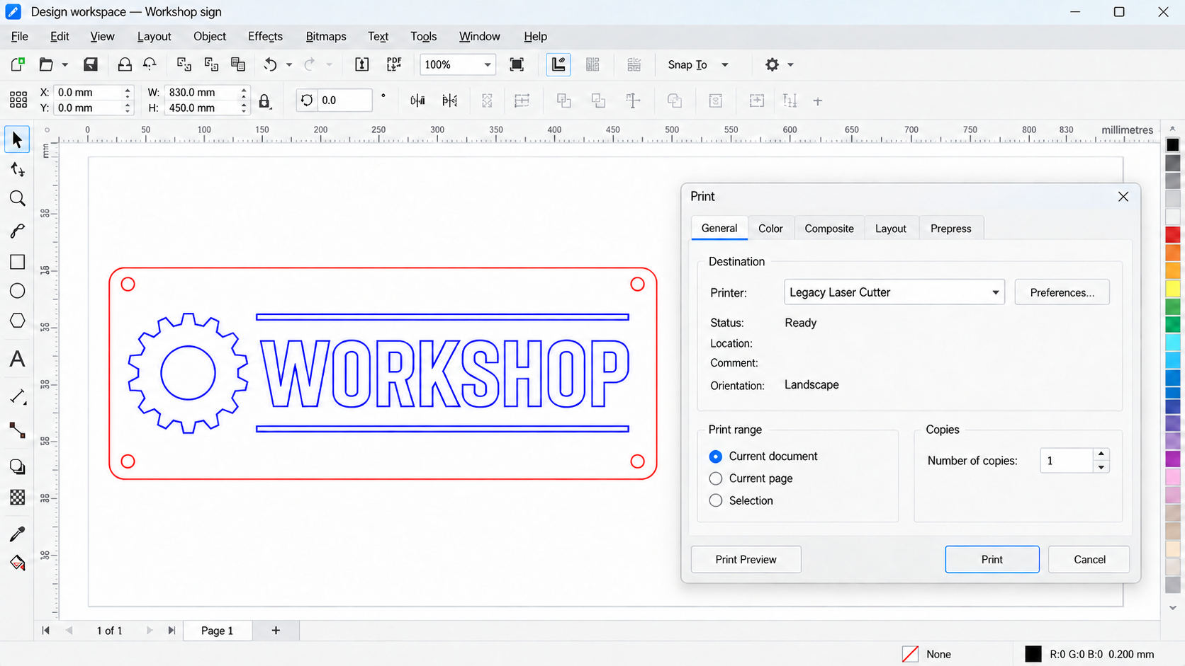 Illustrative design workspace and Print dialogue with Legacy Laser Cutter selected