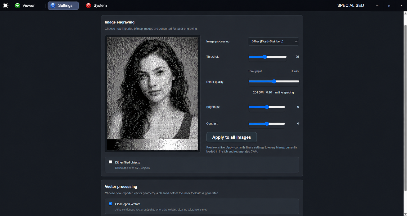 SLS engraving settings with the dithered portrait of a woman